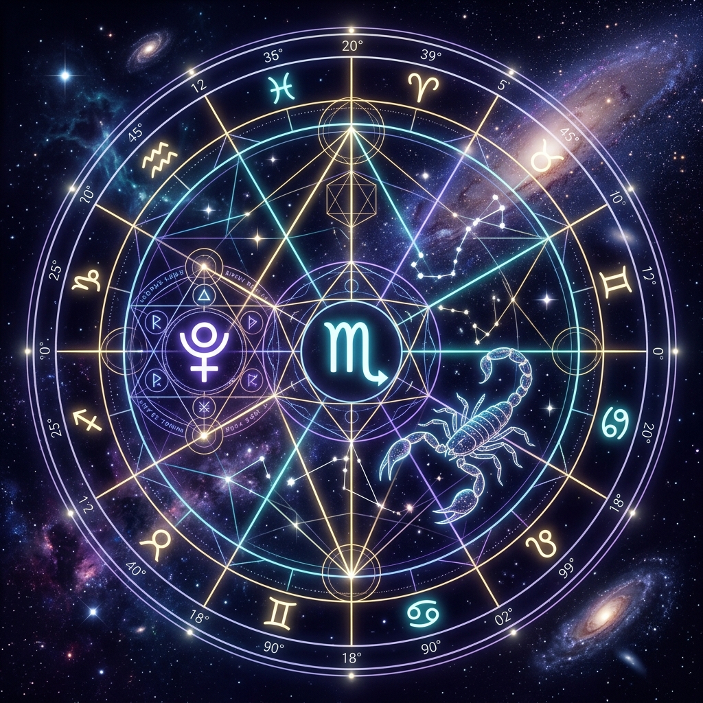 A premium dark mode astrology chart focusing on the Scorpio zodiac sign and the Pluto planetary symbol, representing natal chart analysis