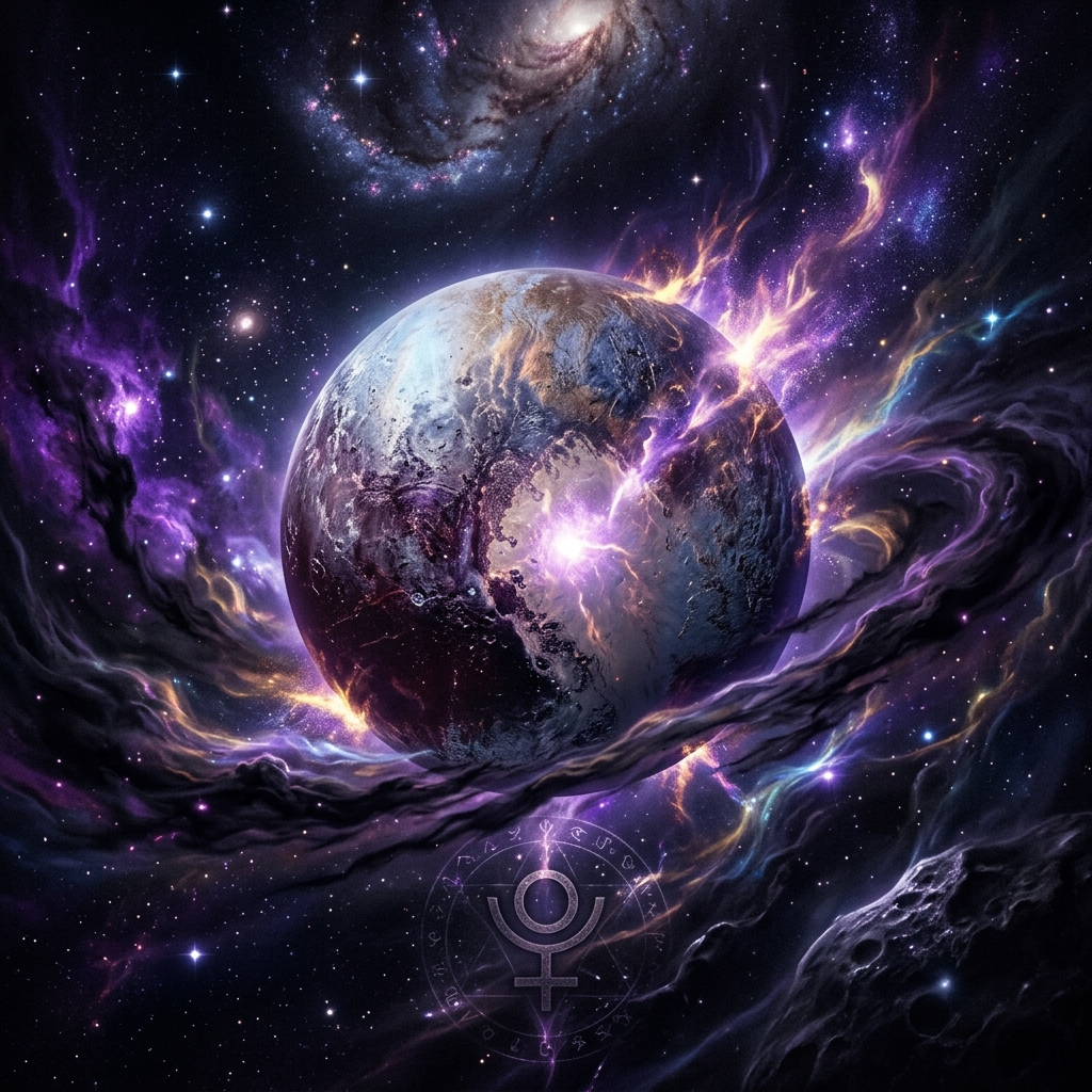 A highly cinematic and mystical representation of the planet Pluto glowing with intense cosmic energy, symbolizing astrological transformation and rebirth